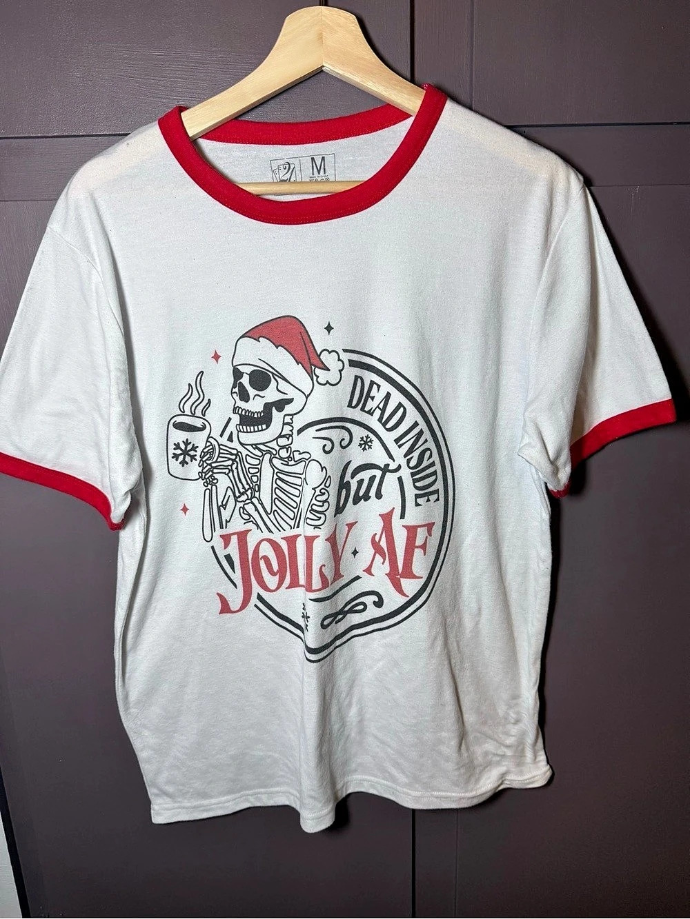 Dead Inside But Jolly AF Skeleton Santa Christmas Ringer T-Shirt Womens Medium W